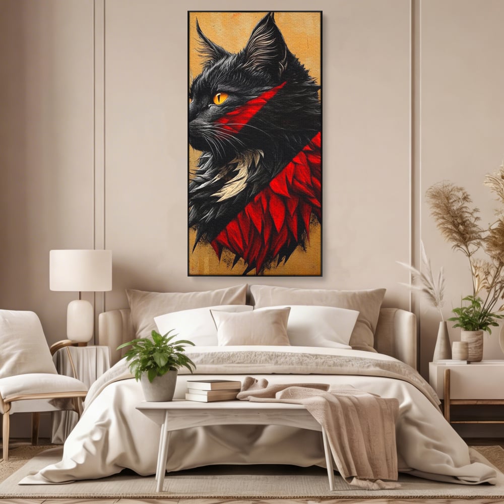 Tablou Canvas Premium, LuxCanva® M1241, Dinastia Rosie, Motan, Profil, Negru, Portret, Expresiv, Abstract, Pictura, Vertical, Rosu, Grafica, Felina, Birou, Living, Camera Copil
