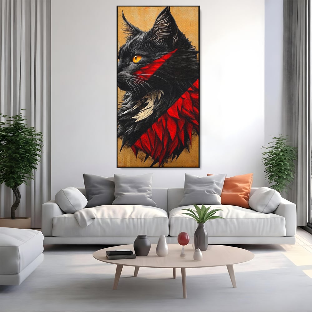 Tablou Canvas Premium, LuxCanva® M1241, Dinastia Rosie, Motan, Profil, Negru, Portret, Expresiv, Abstract, Pictura, Vertical, Rosu, Grafica, Felina, Birou, Living, Camera Copil