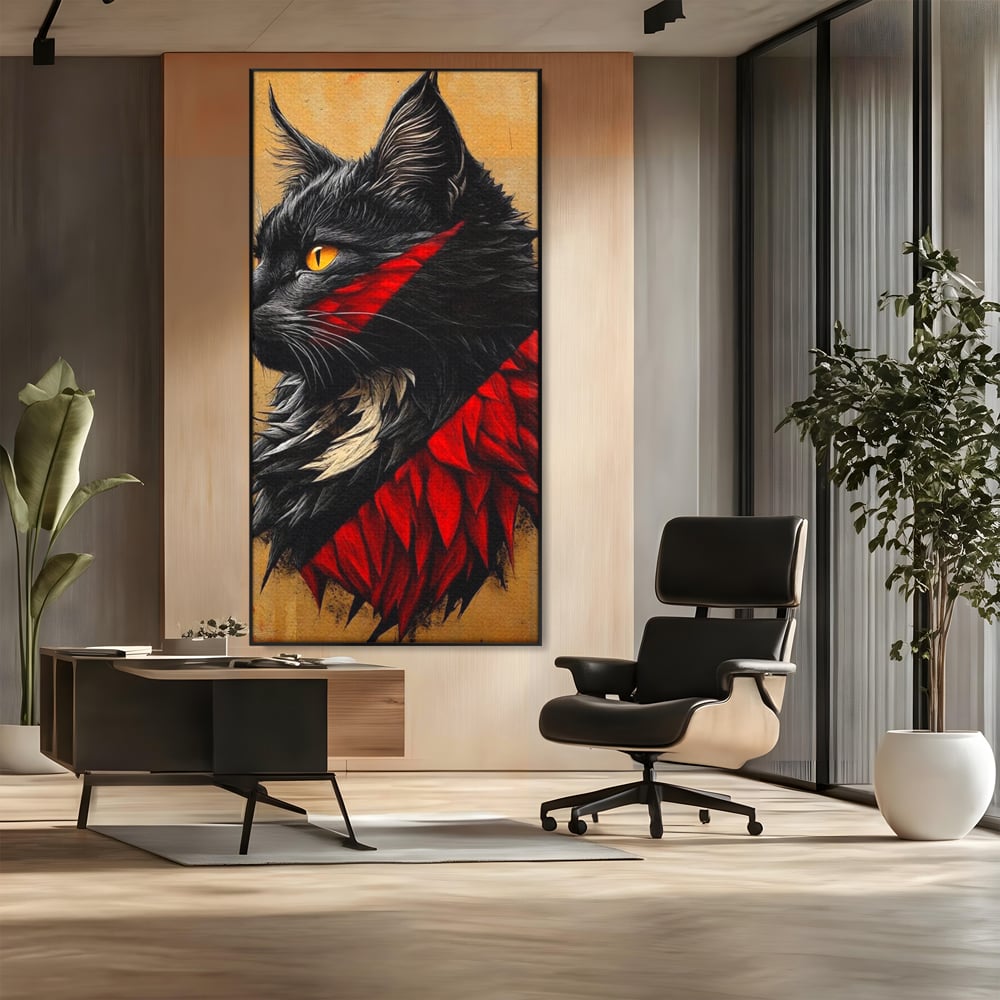 Tablou Canvas Premium, LuxCanva® M1241, Dinastia Rosie, Motan, Profil, Negru, Portret, Expresiv, Abstract, Pictura, Vertical, Rosu, Grafica, Felina, Birou, Living, Camera Copil