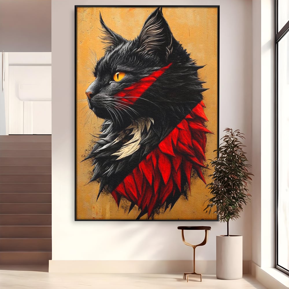 Tablou Canvas Premium, LuxCanva® M1241, Dinastia Rosie, Motan, Profil, Negru, Portret, Expresiv, Abstract, Pictura, Vertical, Rosu, Grafica, Felina, Birou, Living, Camera Copil