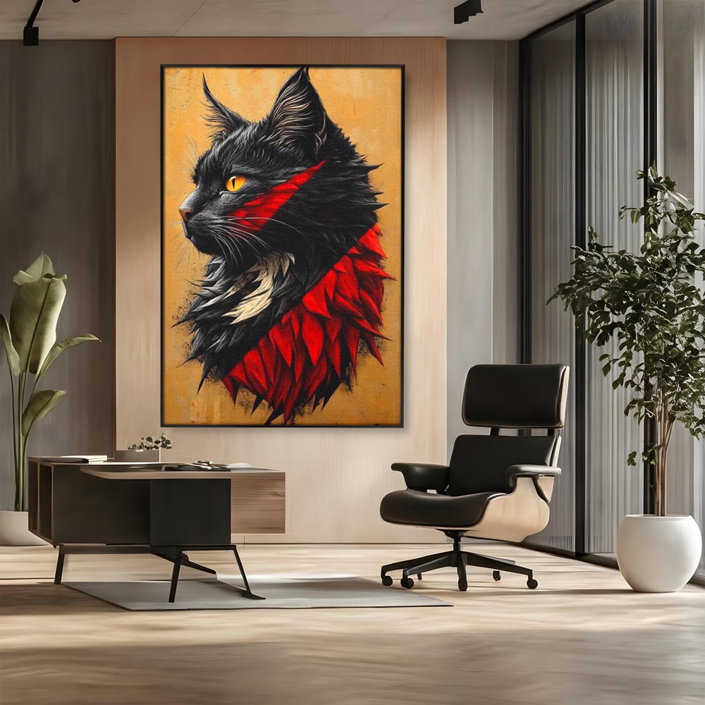 Tablou Canvas Premium, LuxCanva® M1241, Dinastia Rosie, Motan, Profil, Negru, Portret, Expresiv, Abstract, Pictura, Vertical, Rosu, Grafica, Felina, Birou, Living, Camera Copil