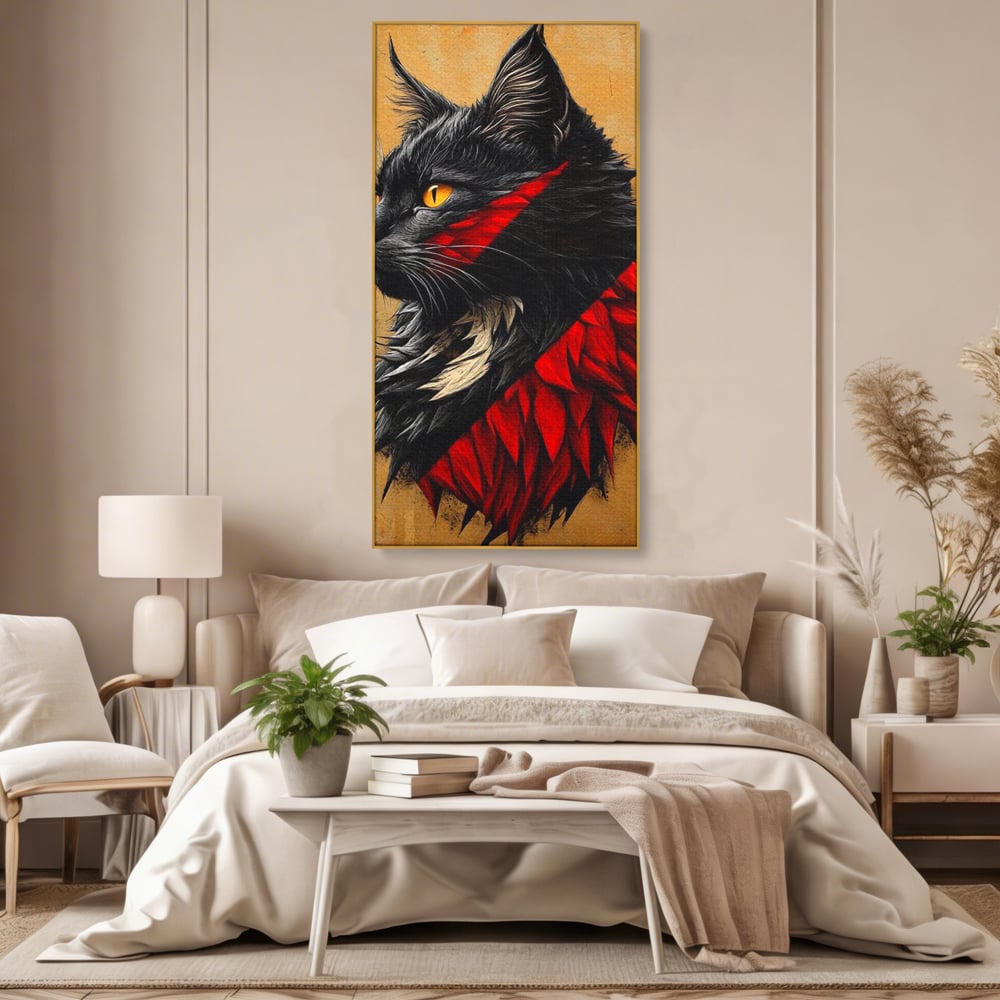 Tablou Canvas Premium, LuxCanva® M1241, Dinastia Rosie, Motan, Profil, Negru, Portret, Expresiv, Abstract, Pictura, Vertical, Rosu, Grafica, Felina, Birou, Living, Camera Copil