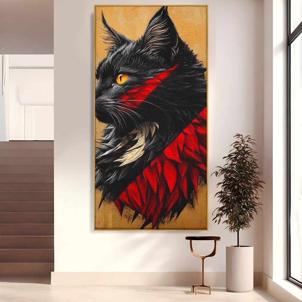 Tablou Canvas Premium, LuxCanva® M1241, Dinastia Rosie, Motan, Profil, Negru, Portret, Expresiv, Abstract, Pictura, Vertical, Rosu, Grafica, Felina, Birou, Living, Camera Copil