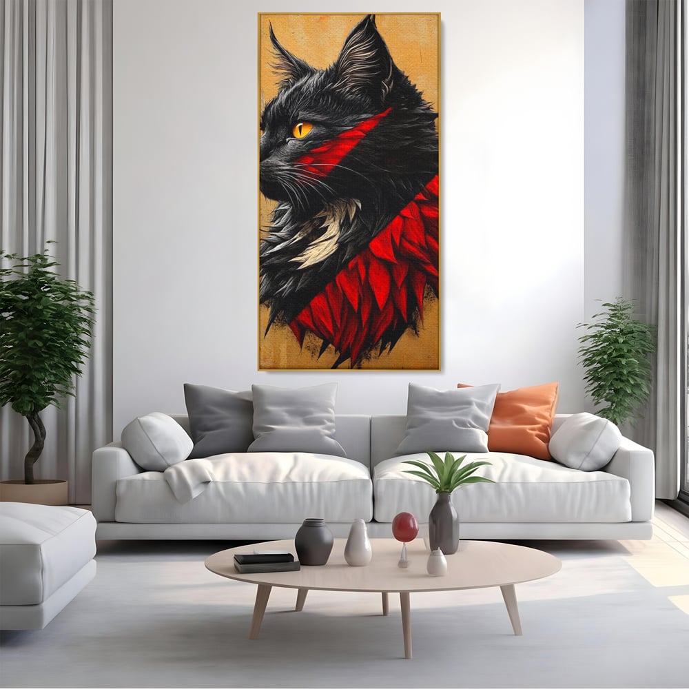 Tablou Canvas Premium, LuxCanva® M1241, Dinastia Rosie, Motan, Profil, Negru, Portret, Expresiv, Abstract, Pictura, Vertical, Rosu, Grafica, Felina, Birou, Living, Camera Copil