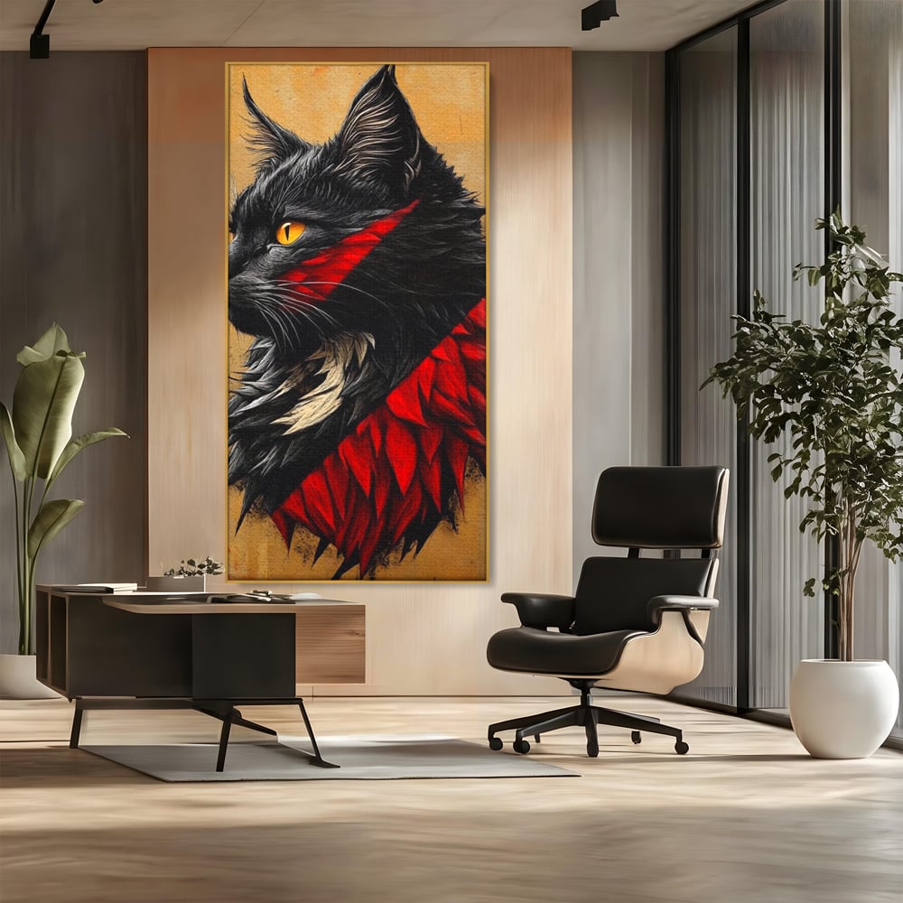 Tablou Canvas Premium, LuxCanva® M1241, Dinastia Rosie, Motan, Profil, Negru, Portret, Expresiv, Abstract, Pictura, Vertical, Rosu, Grafica, Felina, Birou, Living, Camera Copil