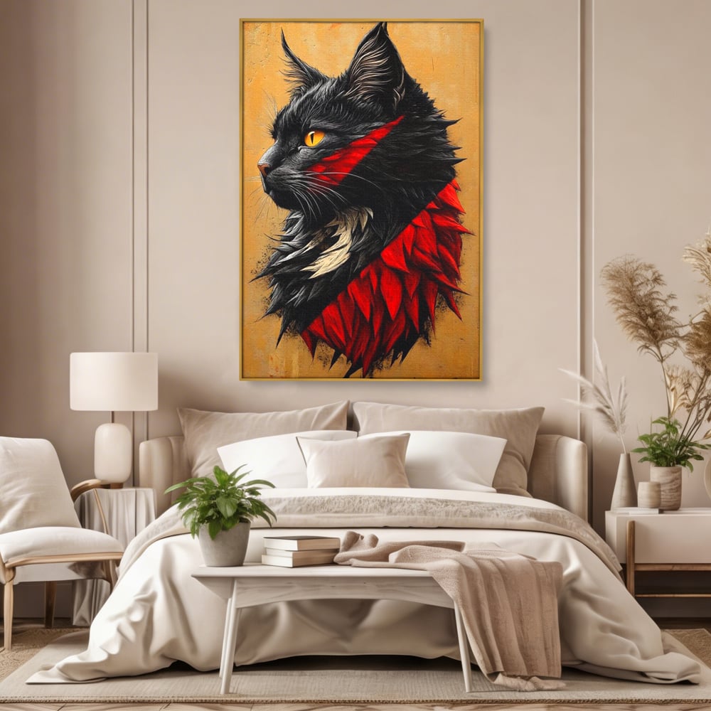 Tablou Canvas Premium, LuxCanva® M1241, Dinastia Rosie, Motan, Profil, Negru, Portret, Expresiv, Abstract, Pictura, Vertical, Rosu, Grafica, Felina, Birou, Living, Camera Copil