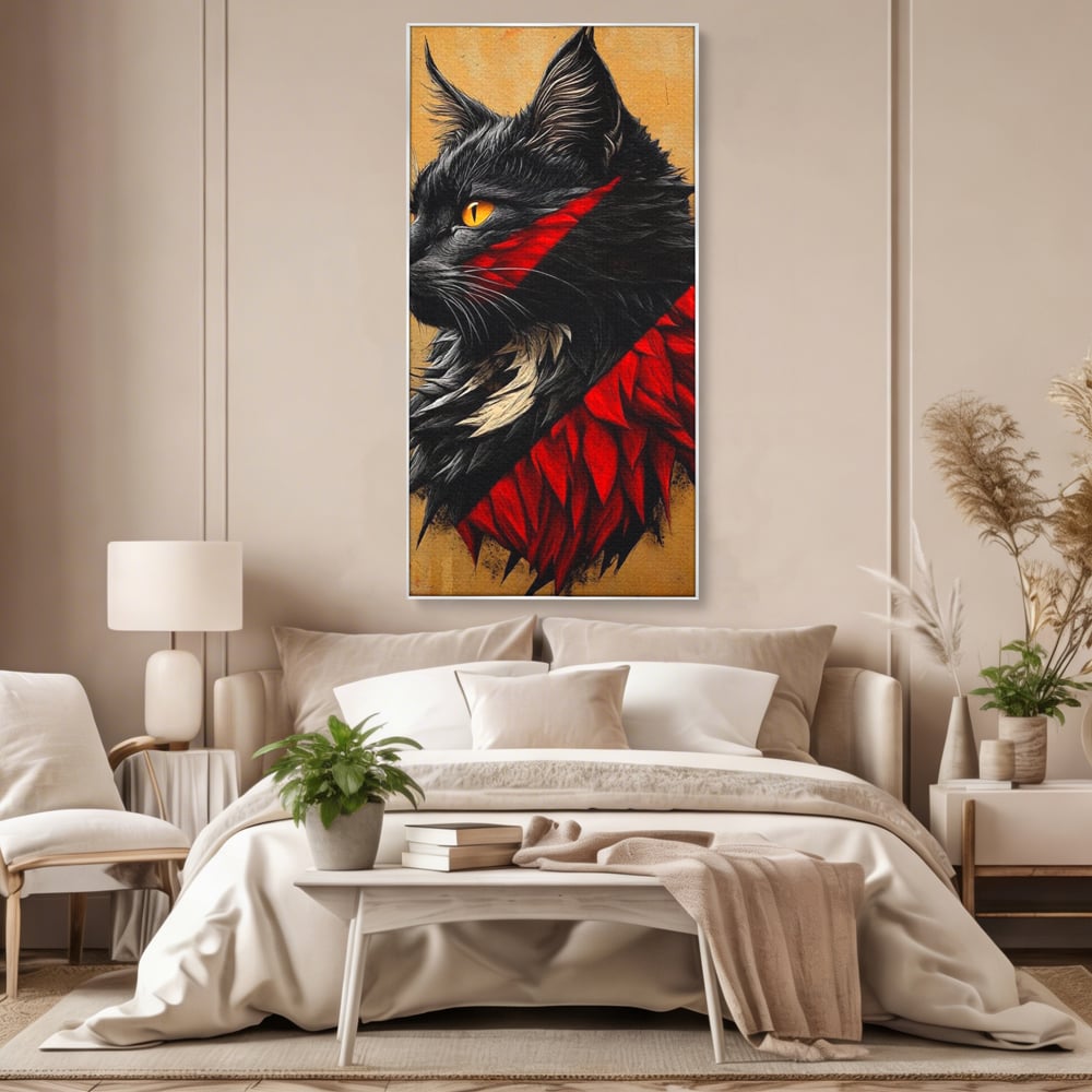 Tablou Canvas Premium, LuxCanva® M1241, Dinastia Rosie, Motan, Profil, Negru, Portret, Expresiv, Abstract, Pictura, Vertical, Rosu, Grafica, Felina, Birou, Living, Camera Copil