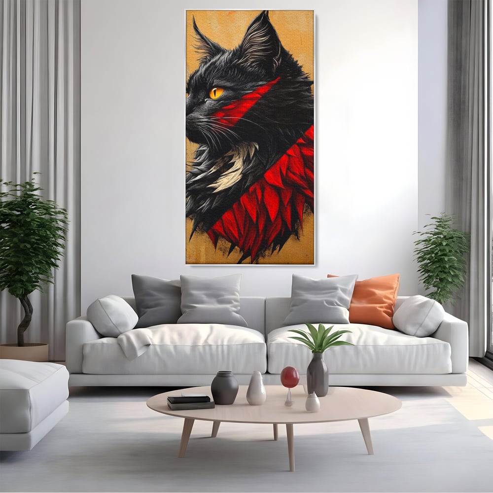 Tablou Canvas Premium, LuxCanva® M1241, Dinastia Rosie, Motan, Profil, Negru, Portret, Expresiv, Abstract, Pictura, Vertical, Rosu, Grafica, Felina, Birou, Living, Camera Copil