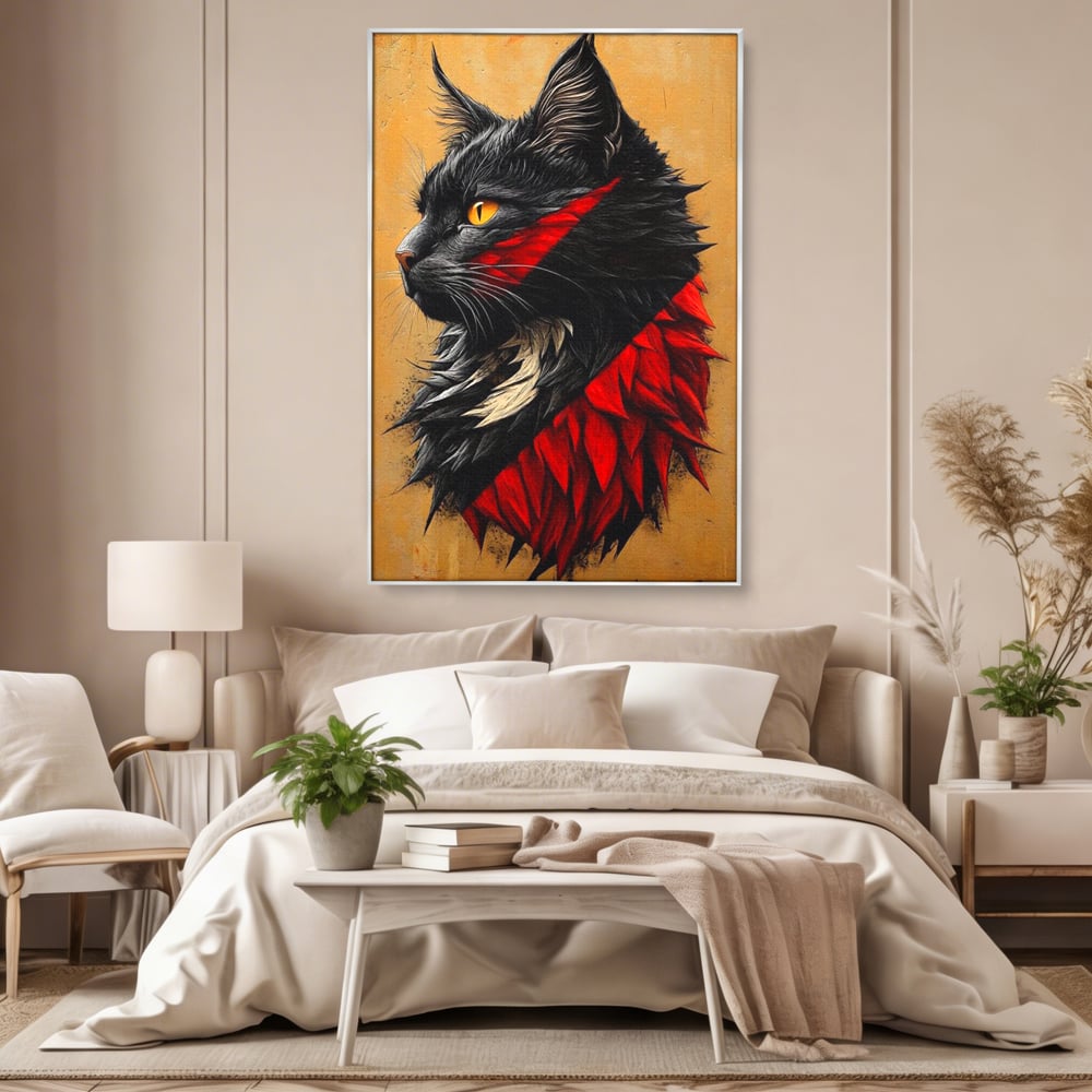 Tablou Canvas Premium, LuxCanva® M1241, Dinastia Rosie, Motan, Profil, Negru, Portret, Expresiv, Abstract, Pictura, Vertical, Rosu, Grafica, Felina, Birou, Living, Camera Copil