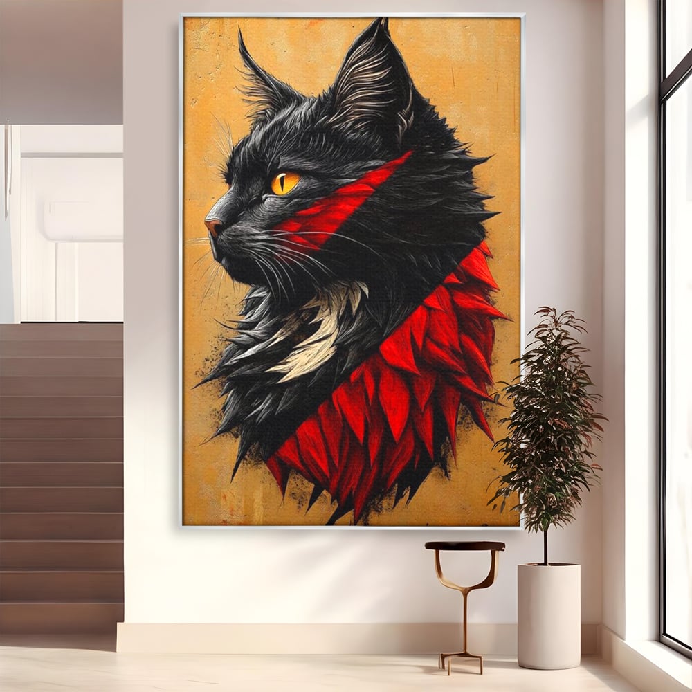 Tablou Canvas Premium, LuxCanva® M1241, Dinastia Rosie, Motan, Profil, Negru, Portret, Expresiv, Abstract, Pictura, Vertical, Rosu, Grafica, Felina, Birou, Living, Camera Copil