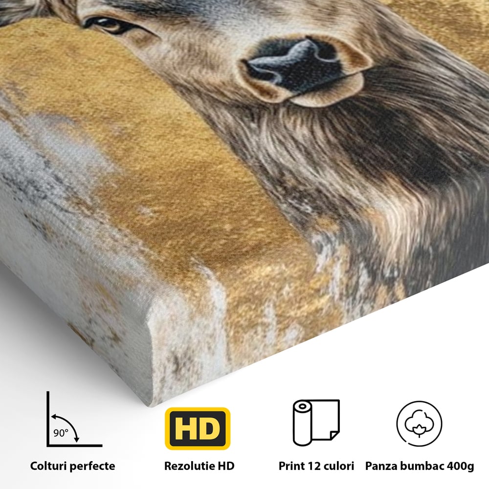 Tablou Canvas Premium, LuxCanva® M1243, Coarne de Aur, Mamifer, Portret, Auriu, Privire, Cerb, Coarne, Animal, Elegant, Texturat, Salbaticie, Fauna, Birou, Living, Camera Copil