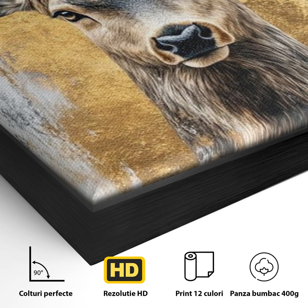 Tablou Canvas Premium, LuxCanva® M1243, Coarne de Aur, Mamifer, Portret, Auriu, Privire, Cerb, Coarne, Animal, Elegant, Texturat, Salbaticie, Fauna, Birou, Living, Camera Copil