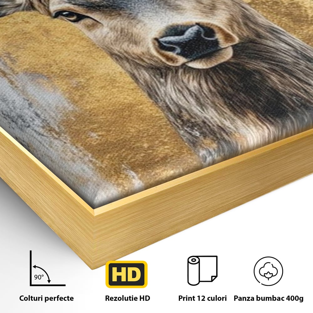 Tablou Canvas Premium, LuxCanva® M1243, Coarne de Aur, Mamifer, Portret, Auriu, Privire, Cerb, Coarne, Animal, Elegant, Texturat, Salbaticie, Fauna, Birou, Living, Camera Copil