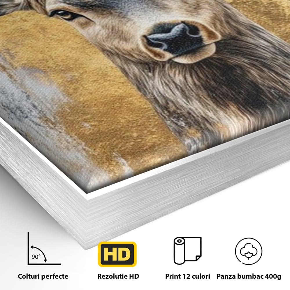 Tablou Canvas Premium, LuxCanva® M1243, Coarne de Aur, Mamifer, Portret, Auriu, Privire, Cerb, Coarne, Animal, Elegant, Texturat, Salbaticie, Fauna, Birou, Living, Camera Copil