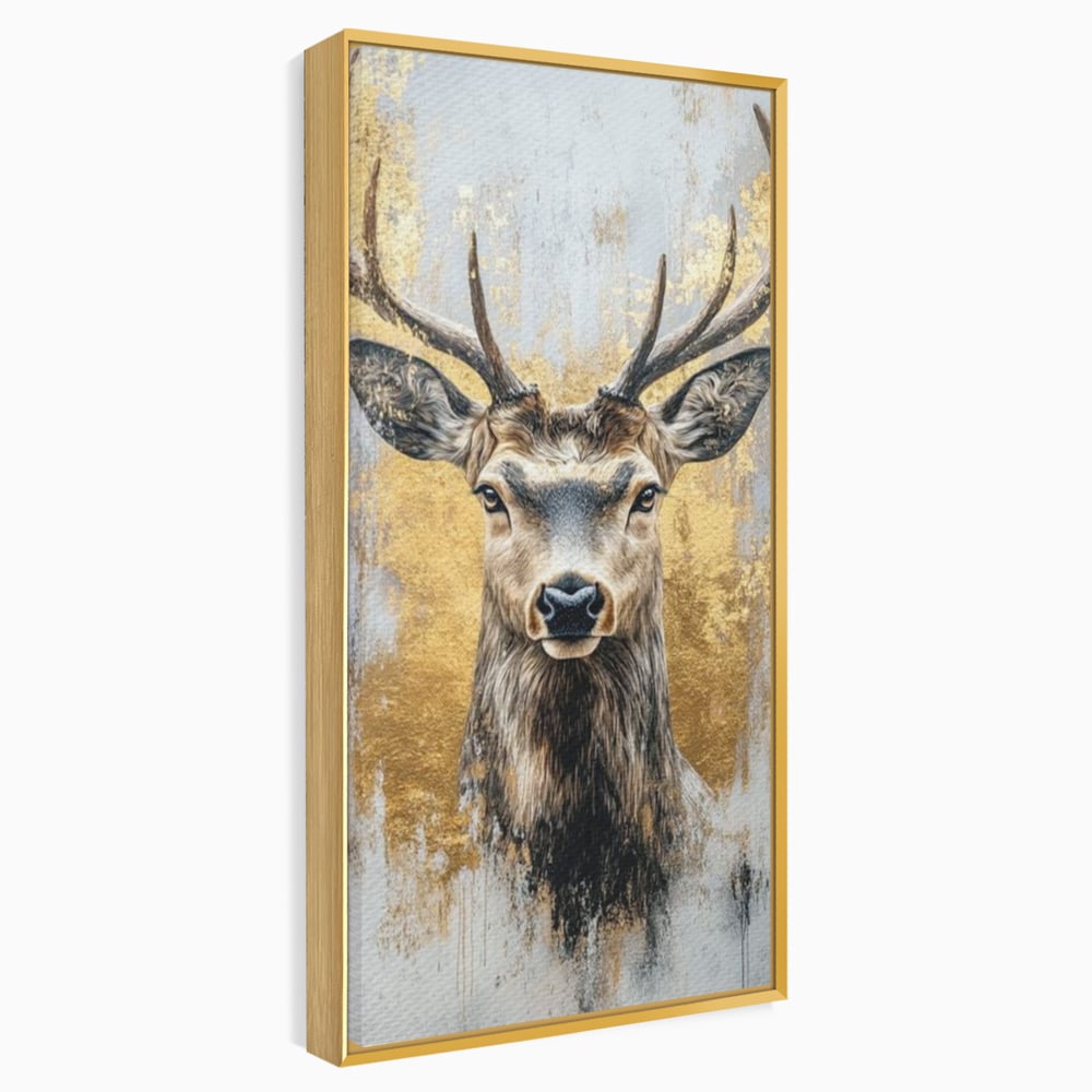 Tablou Canvas Premium, LuxCanva® M1243, Coarne de Aur, Mamifer, Portret, Auriu, Privire, Cerb, Coarne, Animal, Elegant, Texturat, Salbaticie, Fauna, Birou, Living, Camera Copil