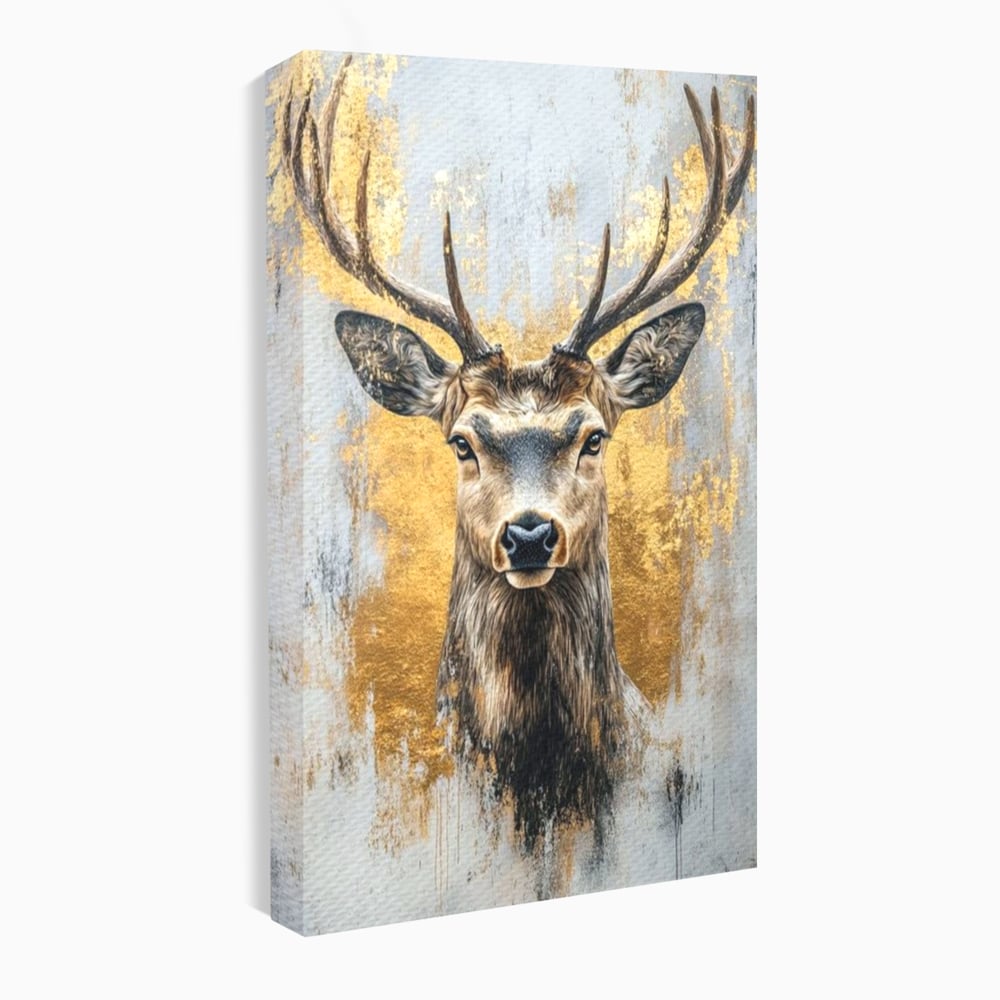 Tablou Canvas Premium, LuxCanva® M1243, Coarne de Aur, Mamifer, Portret, Auriu, Privire, Cerb, Coarne, Animal, Elegant, Texturat, Salbaticie, Fauna, Birou, Living, Camera Copil