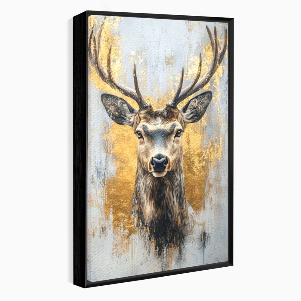 Tablou Canvas Premium, LuxCanva® M1243, Coarne de Aur, Mamifer, Portret, Auriu, Privire, Cerb, Coarne, Animal, Elegant, Texturat, Salbaticie, Fauna, Birou, Living, Camera Copil