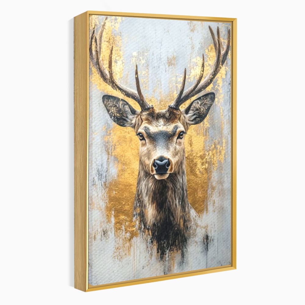 Tablou Canvas Premium, LuxCanva® M1243, Coarne de Aur, Mamifer, Portret, Auriu, Privire, Cerb, Coarne, Animal, Elegant, Texturat, Salbaticie, Fauna, Birou, Living, Camera Copil