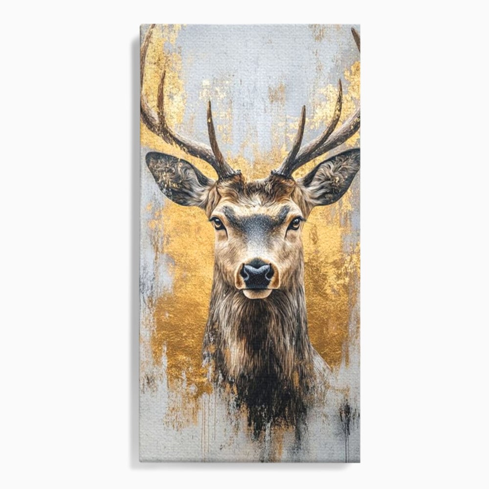 Tablou Canvas Premium, LuxCanva® M1243, Coarne de Aur, Mamifer, Portret, Auriu, Privire, Cerb, Coarne, Animal, Elegant, Texturat, Salbaticie, Fauna, Birou, Living, Camera Copil