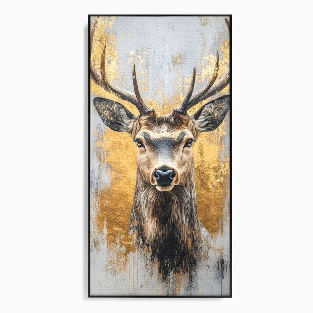Tablou Canvas Premium, LuxCanva® M1243, Coarne de Aur, Mamifer, Portret, Auriu, Privire, Cerb, Coarne, Animal, Elegant, Texturat, Salbaticie, Fauna, Birou, Living, Camera Copil