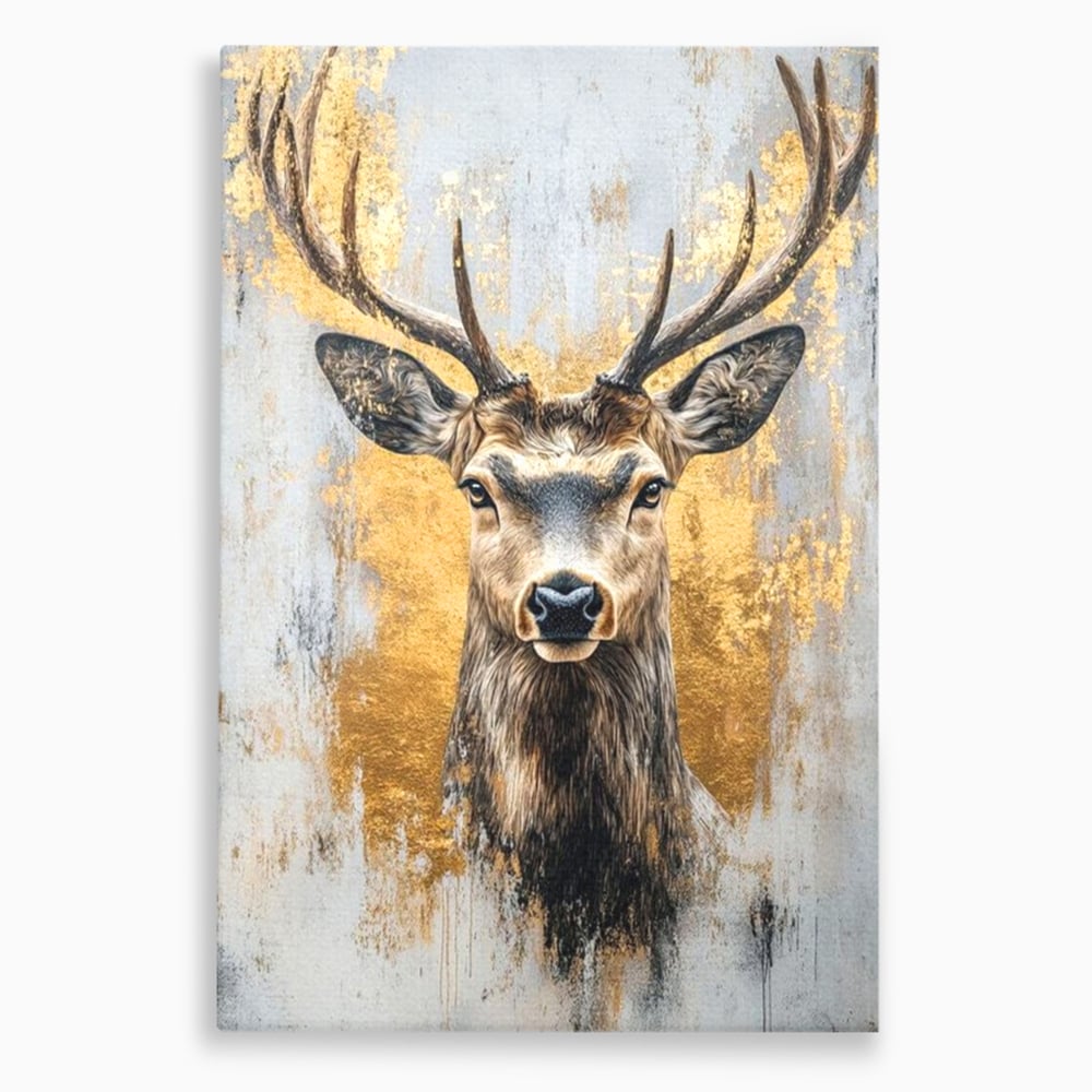Tablou Canvas Premium, LuxCanva® M1243, Coarne de Aur, Mamifer, Portret, Auriu, Privire, Cerb, Coarne, Animal, Elegant, Texturat, Salbaticie, Fauna, Birou, Living, Camera Copil