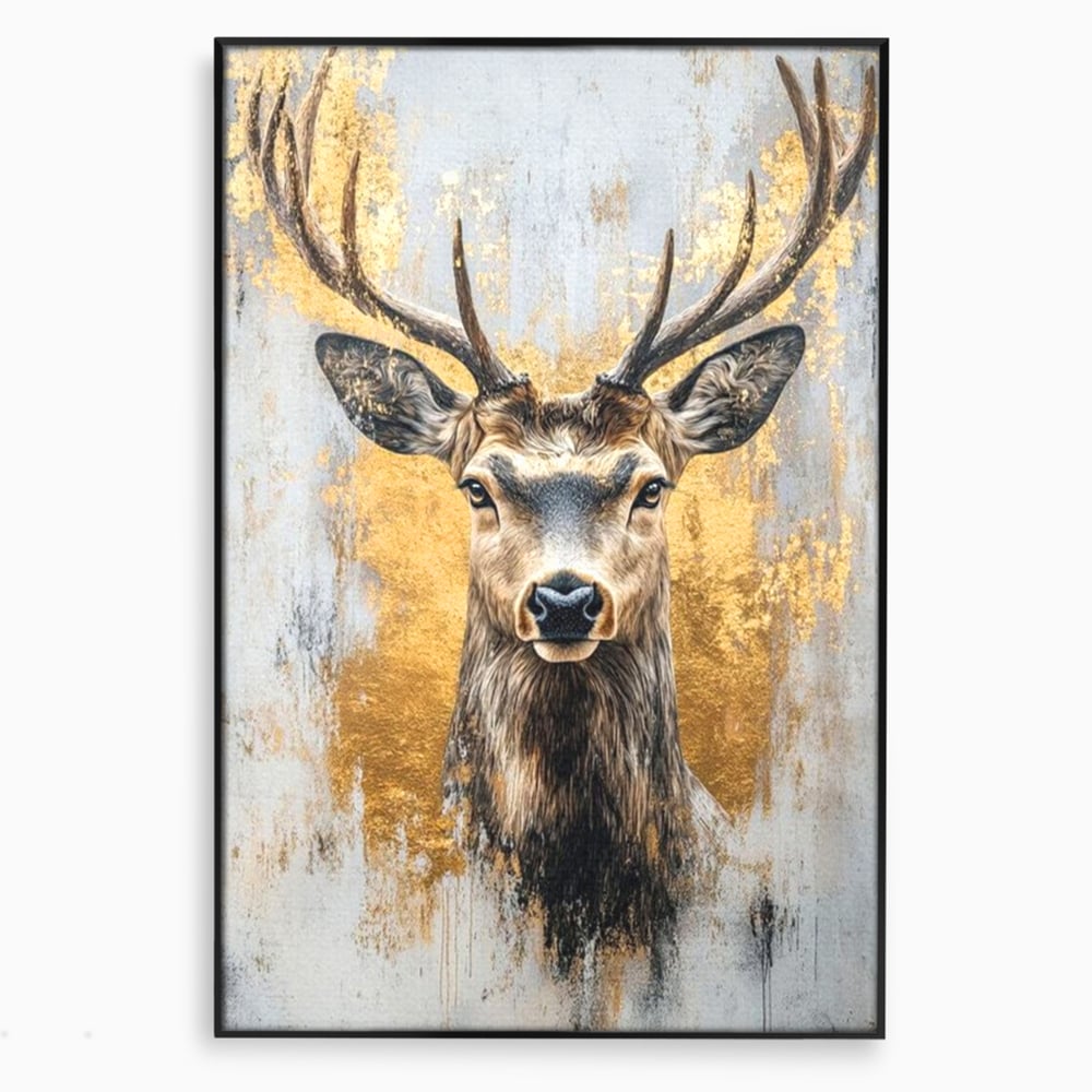 Tablou Canvas Premium, LuxCanva® M1243, Coarne de Aur, Mamifer, Portret, Auriu, Privire, Cerb, Coarne, Animal, Elegant, Texturat, Salbaticie, Fauna, Birou, Living, Camera Copil