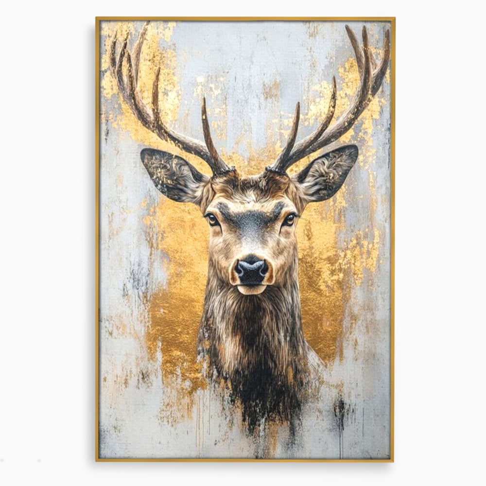 Tablou Canvas Premium, LuxCanva® M1243, Coarne de Aur, Mamifer, Portret, Auriu, Privire, Cerb, Coarne, Animal, Elegant, Texturat, Salbaticie, Fauna, Birou, Living, Camera Copil