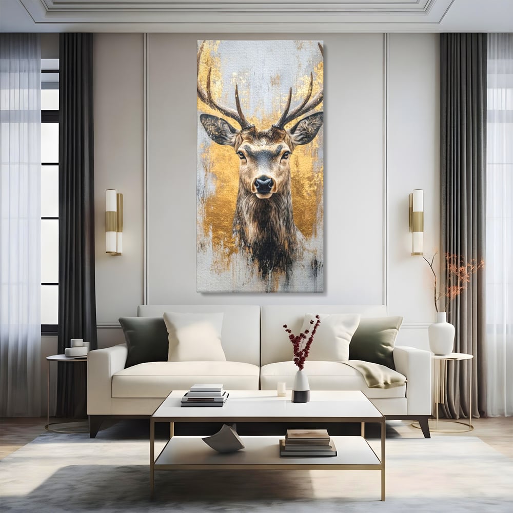 Tablou Canvas Premium, LuxCanva® M1243, Coarne de Aur, Mamifer, Portret, Auriu, Privire, Cerb, Coarne, Animal, Elegant, Texturat, Salbaticie, Fauna, Birou, Living, Camera Copil
