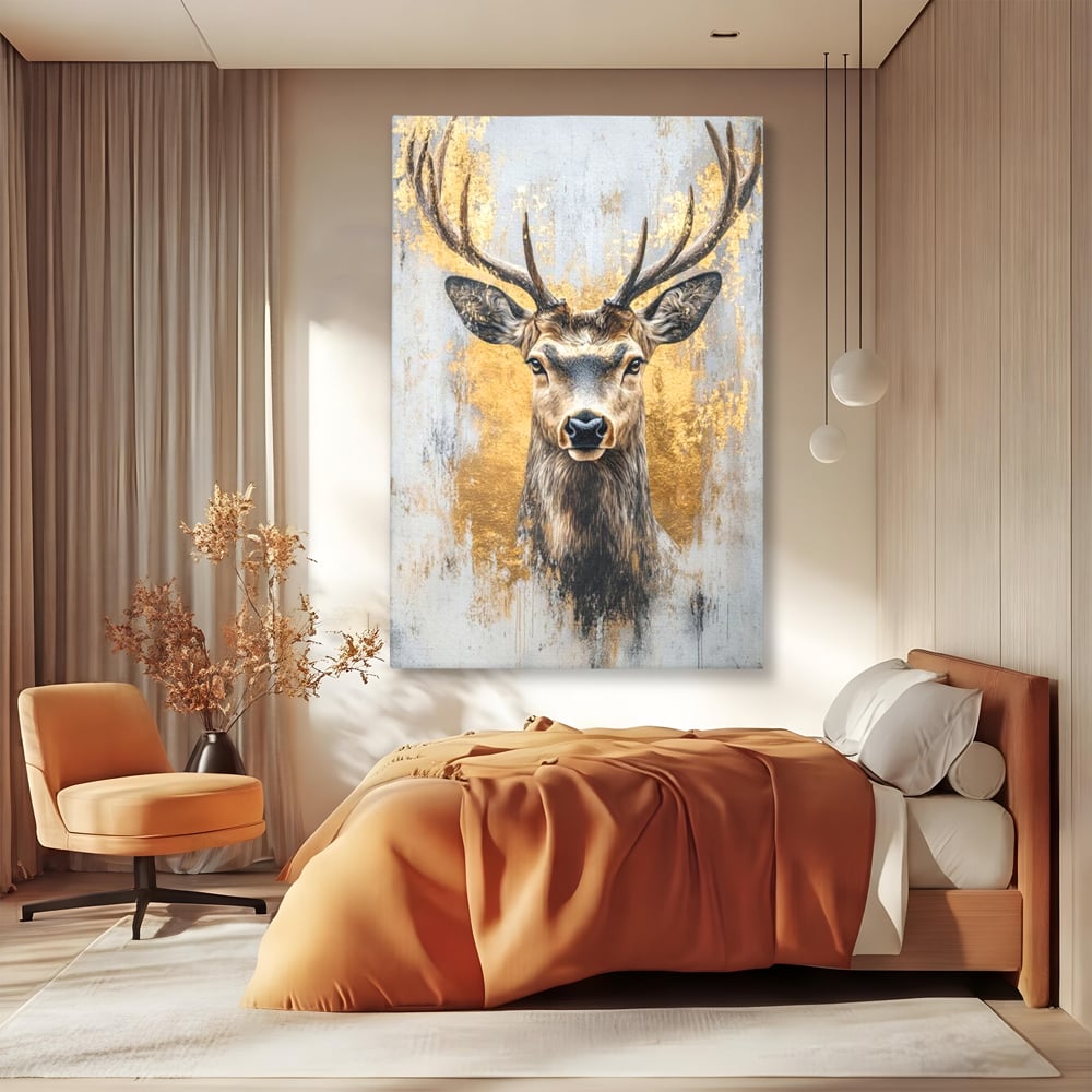 Tablou Canvas Premium, LuxCanva® M1243, Coarne de Aur, Mamifer, Portret, Auriu, Privire, Cerb, Coarne, Animal, Elegant, Texturat, Salbaticie, Fauna, Birou, Living, Camera Copil
