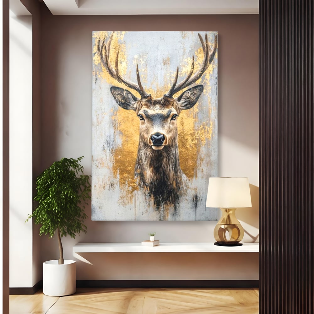 Tablou Canvas Premium, LuxCanva® M1243, Coarne de Aur, Mamifer, Portret, Auriu, Privire, Cerb, Coarne, Animal, Elegant, Texturat, Salbaticie, Fauna, Birou, Living, Camera Copil