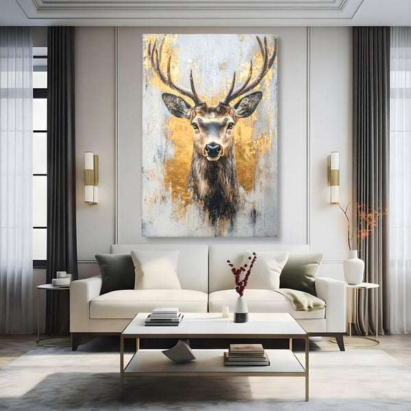 Tablou Canvas Premium, LuxCanva® M1243, Coarne de Aur, Mamifer, Portret, Auriu, Privire, Cerb, Coarne, Animal, Elegant, Texturat, Salbaticie, Fauna, Birou, Living, Camera Copil