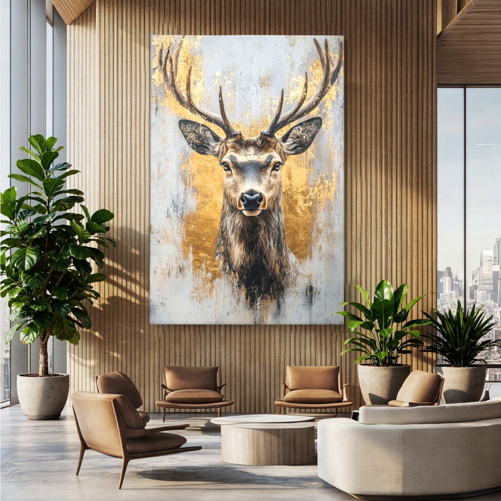 Tablou Canvas Premium, LuxCanva® M1243, Coarne de Aur, Mamifer, Portret, Auriu, Privire, Cerb, Coarne, Animal, Elegant, Texturat, Salbaticie, Fauna, Birou, Living, Camera Copil