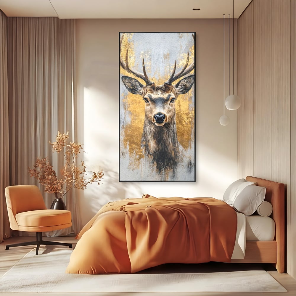 Tablou Canvas Premium, LuxCanva® M1243, Coarne de Aur, Mamifer, Portret, Auriu, Privire, Cerb, Coarne, Animal, Elegant, Texturat, Salbaticie, Fauna, Birou, Living, Camera Copil