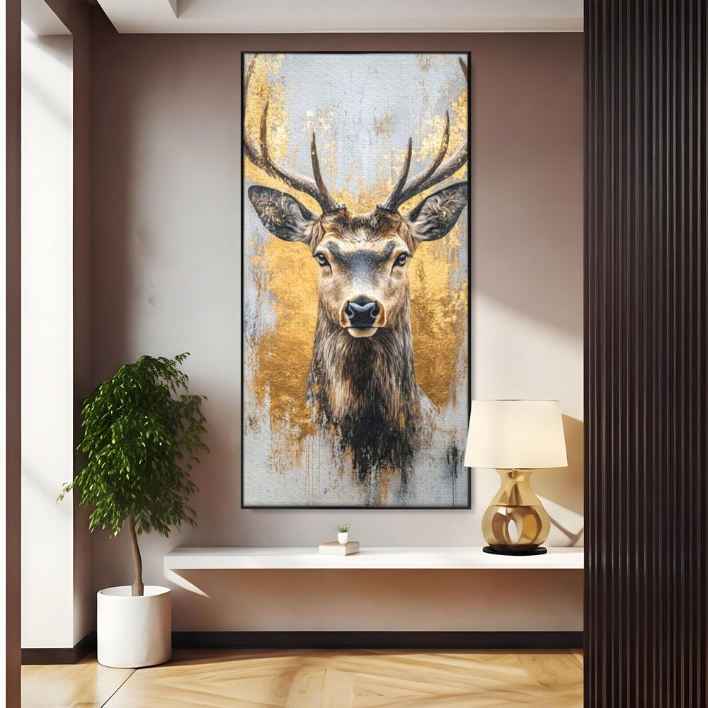 Tablou Canvas Premium, LuxCanva® M1243, Coarne de Aur, Mamifer, Portret, Auriu, Privire, Cerb, Coarne, Animal, Elegant, Texturat, Salbaticie, Fauna, Birou, Living, Camera Copil