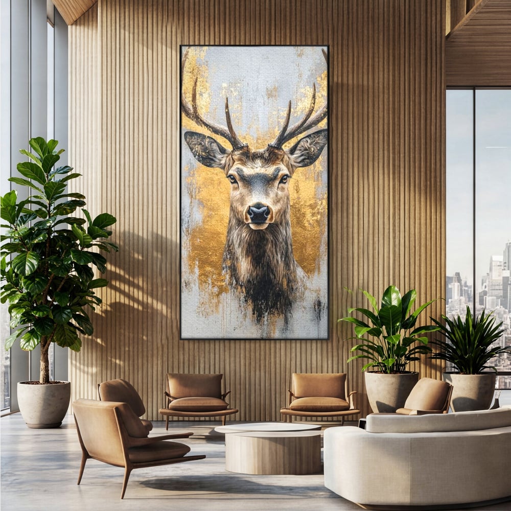 Tablou Canvas Premium, LuxCanva® M1243, Coarne de Aur, Mamifer, Portret, Auriu, Privire, Cerb, Coarne, Animal, Elegant, Texturat, Salbaticie, Fauna, Birou, Living, Camera Copil