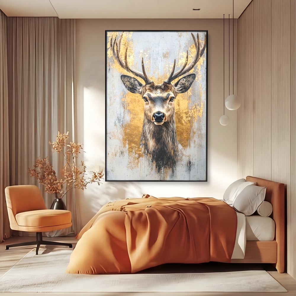 Tablou Canvas Premium, LuxCanva® M1243, Coarne de Aur, Mamifer, Portret, Auriu, Privire, Cerb, Coarne, Animal, Elegant, Texturat, Salbaticie, Fauna, Birou, Living, Camera Copil