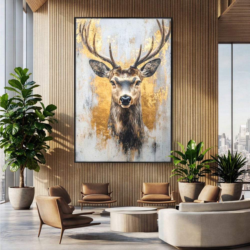 Tablou Canvas Premium, LuxCanva® M1243, Coarne de Aur, Mamifer, Portret, Auriu, Privire, Cerb, Coarne, Animal, Elegant, Texturat, Salbaticie, Fauna, Birou, Living, Camera Copil