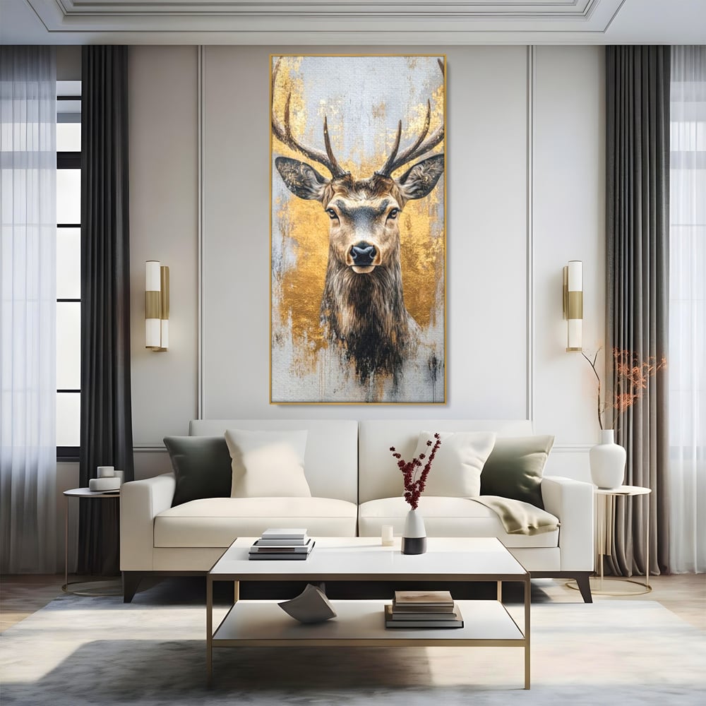 Tablou Canvas Premium, LuxCanva® M1243, Coarne de Aur, Mamifer, Portret, Auriu, Privire, Cerb, Coarne, Animal, Elegant, Texturat, Salbaticie, Fauna, Birou, Living, Camera Copil