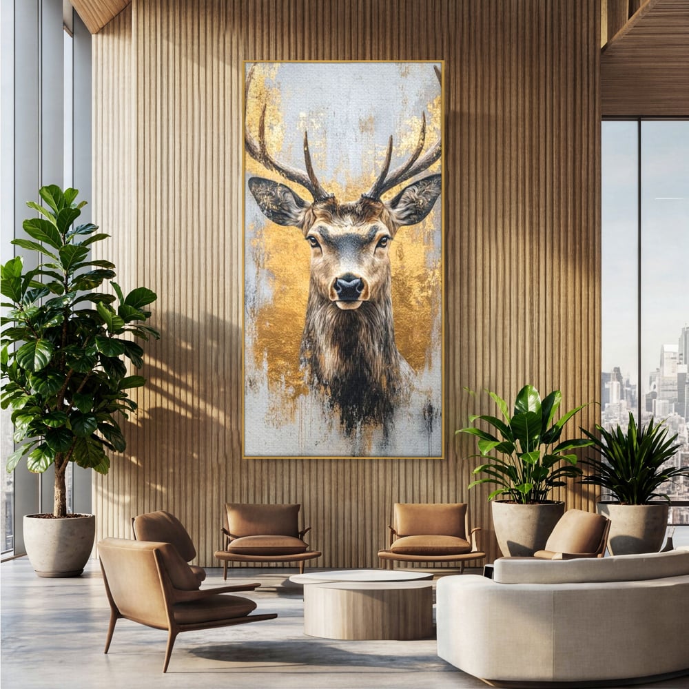 Tablou Canvas Premium, LuxCanva® M1243, Coarne de Aur, Mamifer, Portret, Auriu, Privire, Cerb, Coarne, Animal, Elegant, Texturat, Salbaticie, Fauna, Birou, Living, Camera Copil