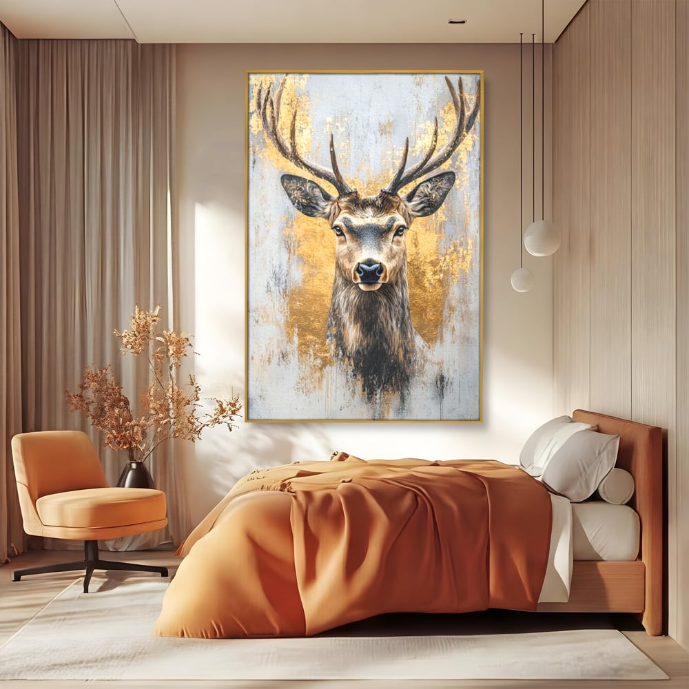 Tablou Canvas Premium, LuxCanva® M1243, Coarne de Aur, Mamifer, Portret, Auriu, Privire, Cerb, Coarne, Animal, Elegant, Texturat, Salbaticie, Fauna, Birou, Living, Camera Copil