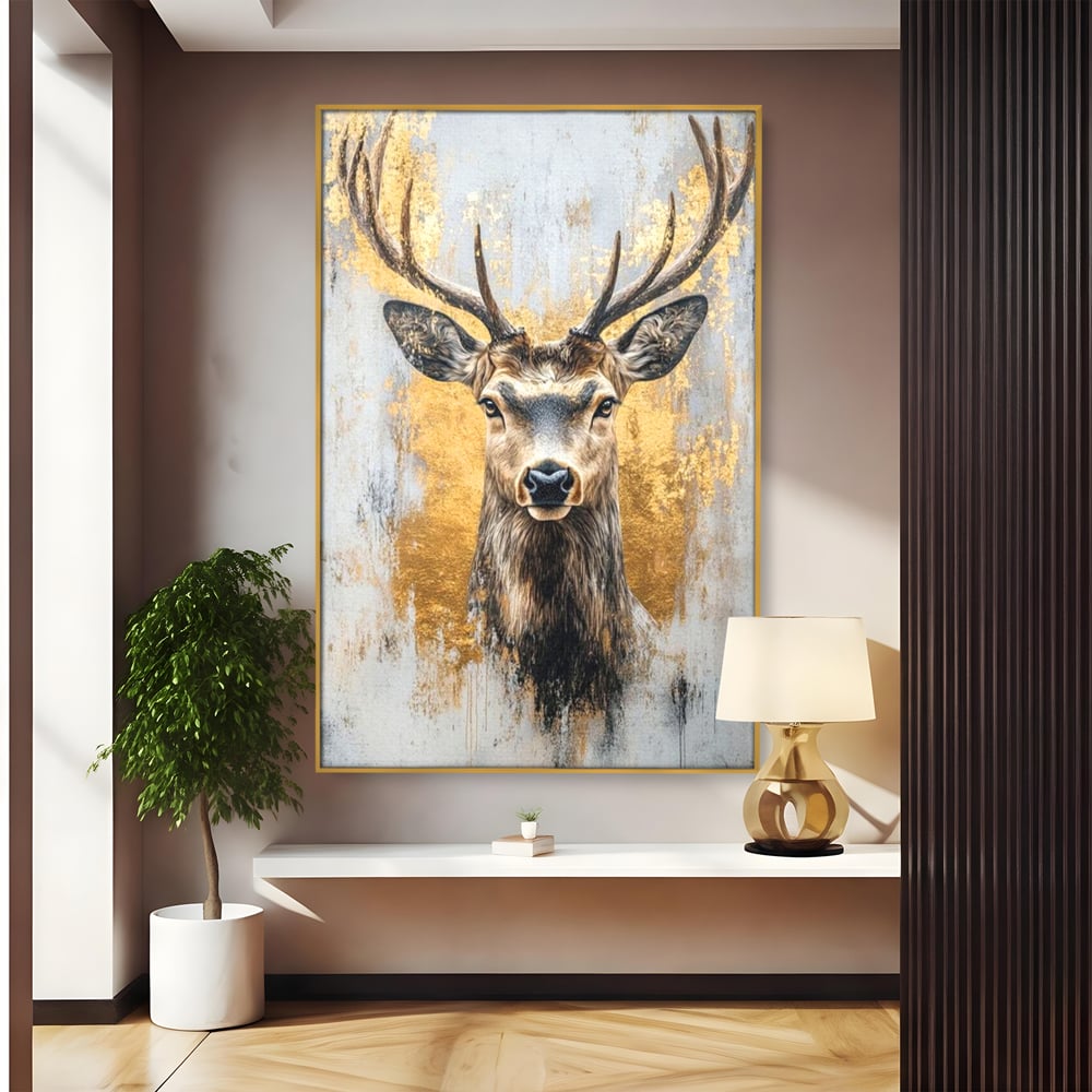 Tablou Canvas Premium, LuxCanva® M1243, Coarne de Aur, Mamifer, Portret, Auriu, Privire, Cerb, Coarne, Animal, Elegant, Texturat, Salbaticie, Fauna, Birou, Living, Camera Copil