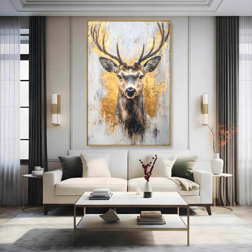 Tablou Canvas Premium, LuxCanva® M1243, Coarne de Aur, Mamifer, Portret, Auriu, Privire, Cerb, Coarne, Animal, Elegant, Texturat, Salbaticie, Fauna, Birou, Living, Camera Copil