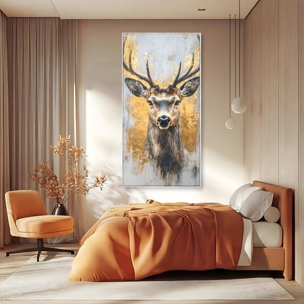Tablou Canvas Premium, LuxCanva® M1243, Coarne de Aur, Mamifer, Portret, Auriu, Privire, Cerb, Coarne, Animal, Elegant, Texturat, Salbaticie, Fauna, Birou, Living, Camera Copil