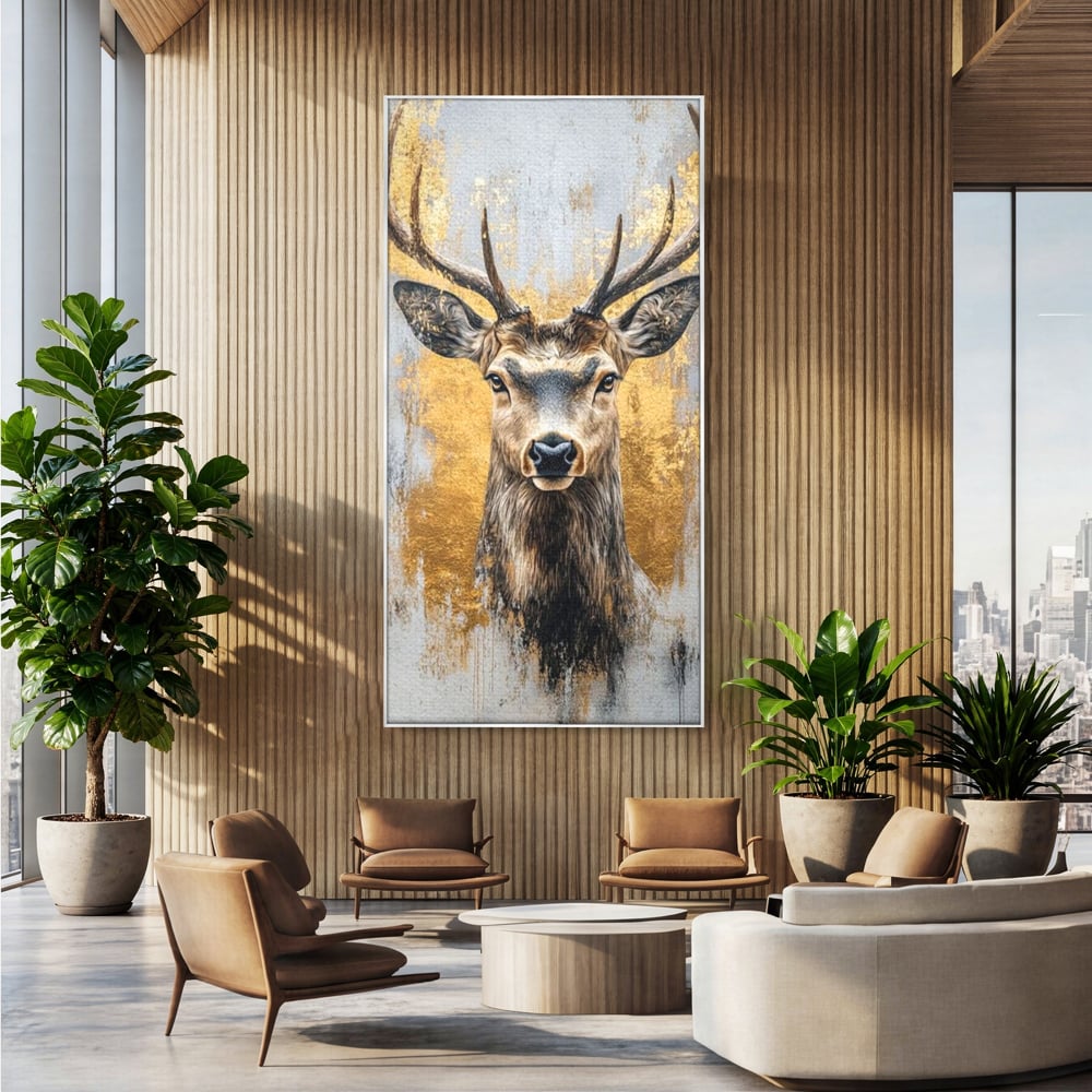 Tablou Canvas Premium, LuxCanva® M1243, Coarne de Aur, Mamifer, Portret, Auriu, Privire, Cerb, Coarne, Animal, Elegant, Texturat, Salbaticie, Fauna, Birou, Living, Camera Copil