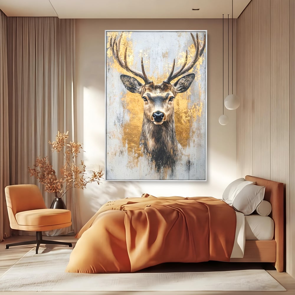 Tablou Canvas Premium, LuxCanva® M1243, Coarne de Aur, Mamifer, Portret, Auriu, Privire, Cerb, Coarne, Animal, Elegant, Texturat, Salbaticie, Fauna, Birou, Living, Camera Copil