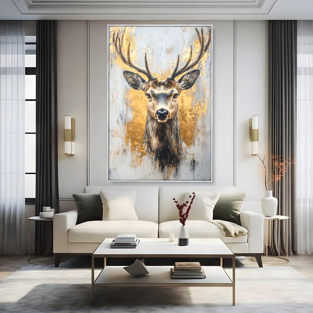 Tablou Canvas Premium, LuxCanva® M1243, Coarne de Aur, Mamifer, Portret, Auriu, Privire, Cerb, Coarne, Animal, Elegant, Texturat, Salbaticie, Fauna, Birou, Living, Camera Copil