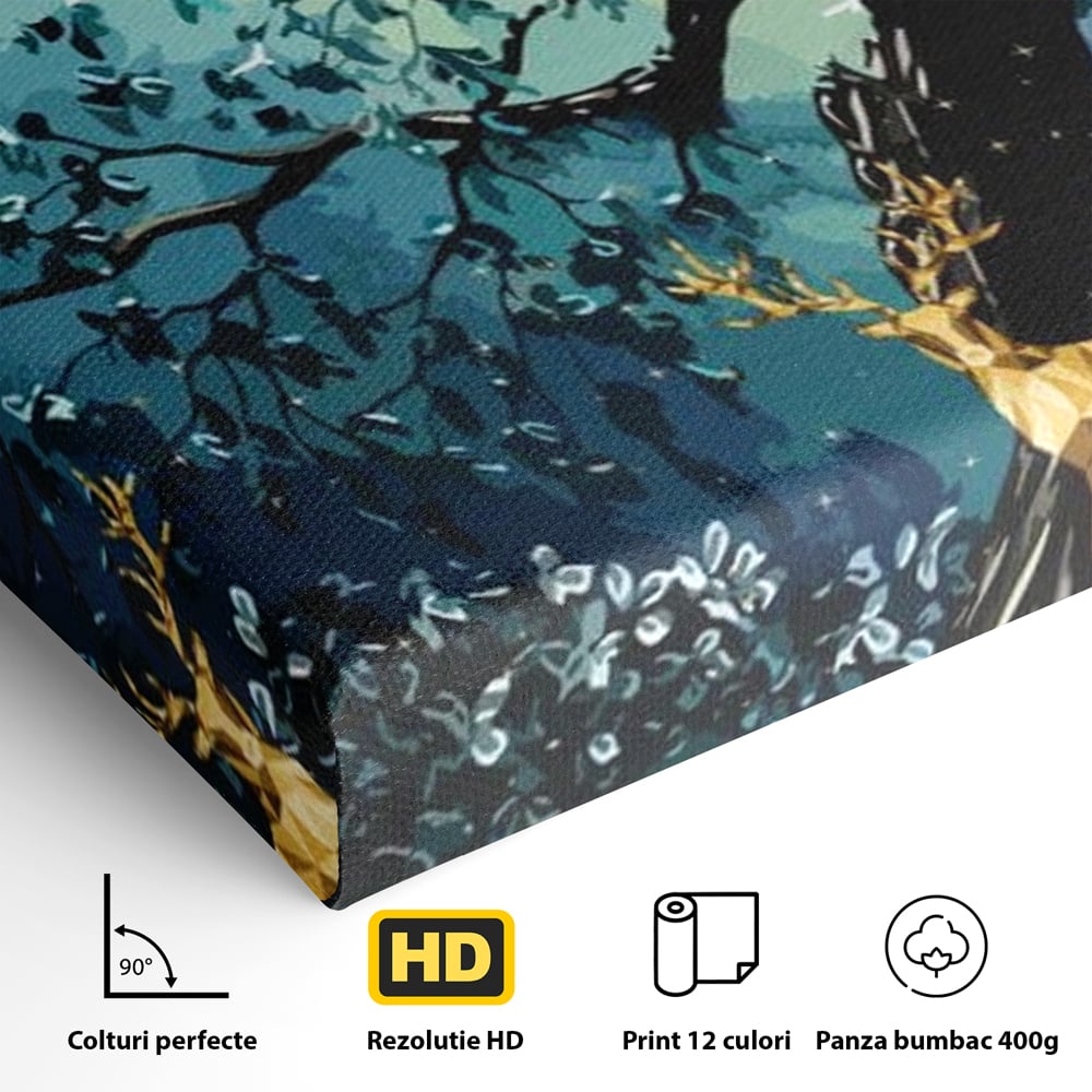 Fotoleinwand Canvas Premium, LuxCanva® M1244, Goldener Hirsch Tanz, Goldener Hirsch, Wald, Baum, Blätter, Nacht, Golden, Nacht, Golden, Hirsch, Magie, Hell, Mond, Mondlicht, Natur, Büro, Wohnen, Kinderzimmer