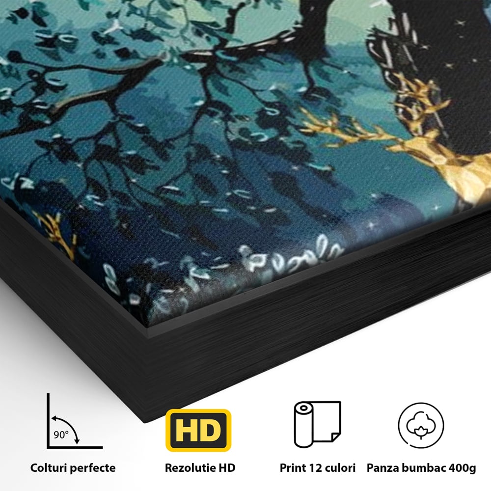 Fotoleinwand Canvas Premium, LuxCanva® M1244, Goldener Hirsch Tanz, Goldener Hirsch, Wald, Baum, Blätter, Nacht, Golden, Nacht, Golden, Hirsch, Magie, Hell, Mond, Mondlicht, Natur, Büro, Wohnen, Kinderzimmer