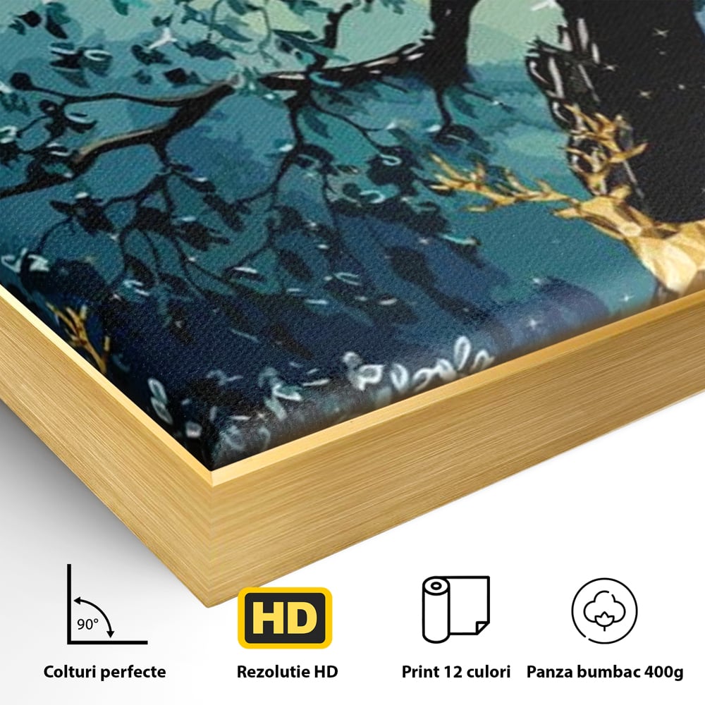 Fotoleinwand Canvas Premium, LuxCanva® M1244, Goldener Hirsch Tanz, Goldener Hirsch, Wald, Baum, Blätter, Nacht, Golden, Nacht, Golden, Hirsch, Magie, Hell, Mond, Mondlicht, Natur, Büro, Wohnen, Kinderzimmer