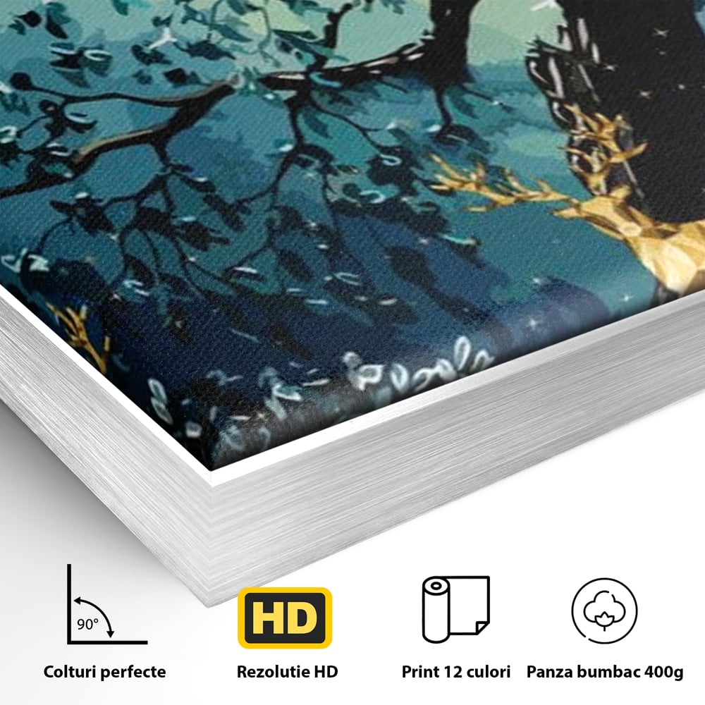 Fotoleinwand Canvas Premium, LuxCanva® M1244, Goldener Hirsch Tanz, Goldener Hirsch, Wald, Baum, Blätter, Nacht, Golden, Nacht, Golden, Hirsch, Magie, Hell, Mond, Mondlicht, Natur, Büro, Wohnen, Kinderzimmer